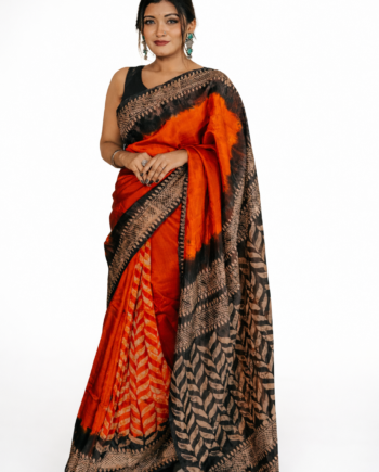 Elegant Black & Fiery Red Handcrafted Saree with Artistic Print Border