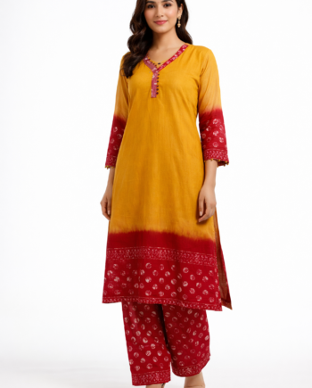 Mustard Yellow and Red Tie-Dye Kurti Pant Set