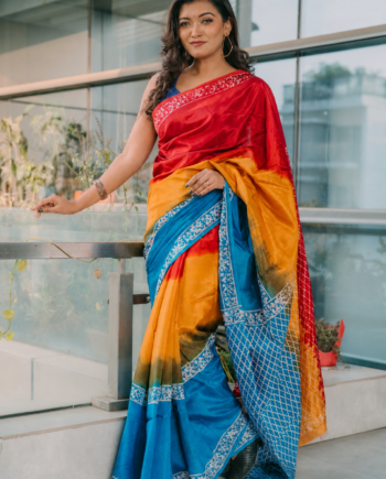Elegant Red, Mustard & Blue Mom Batik Saree for Women