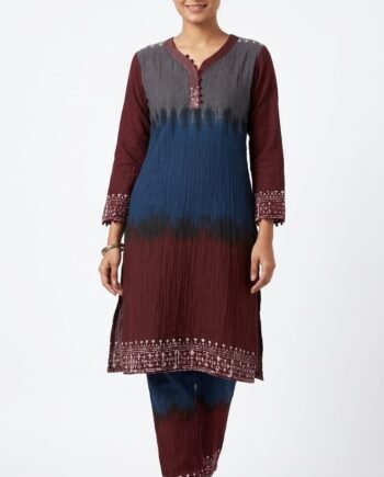 Elegant Maroon Blue Grey Tie-Dye Kurti Pant Set with Mom Batik Border