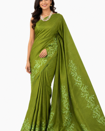 Mom Batik Silk Saree in Olive Green with Light Green Floral