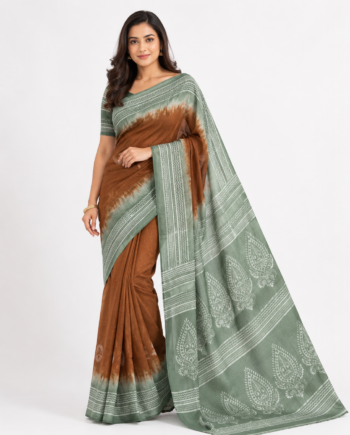 Mom Batik Silk Saree in Sage Green and Brown with White Paisley