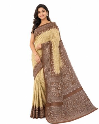 Mom Batik Silk Saree in Beige and Brown with White Pallu