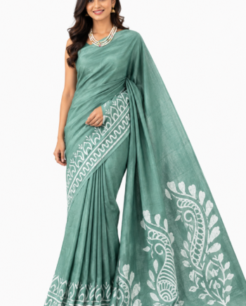Mom Batik Silk Saree in Sea Green with White Paisley