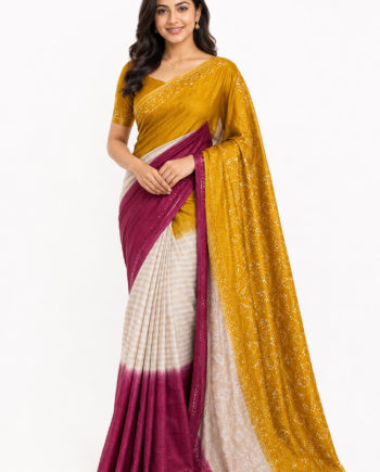 Mom Batik Silk Saree in Mustard Yellow, Cream and Magenta