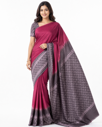 Mom Batik Silk Saree in Magenta and Charcoal Grey with Pallu