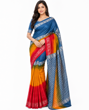 Mom Batik Silk Saree in Royal Blue, Mustard and Red with Pallu