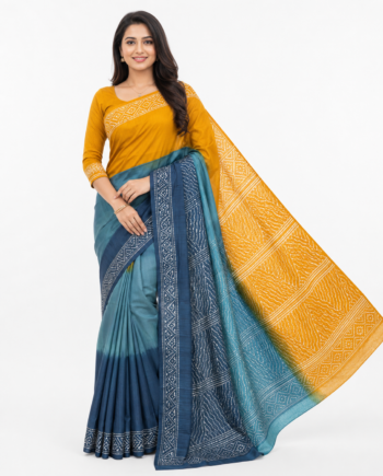 Mom Batik Silk Saree in Mustard Yellow, Teal and Navy Blue