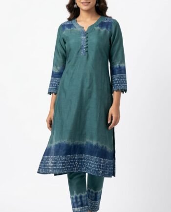 Teal Blue Tie-Dye Kurti Pant Set with Mom Batik Border