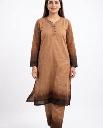 Elegant Brown Tie-Dye Kurti Pant Set with Mom Batik Border