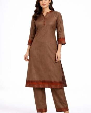 Elegant Brown Tie-Dye Kurti Pant Set with Mom Batik Border