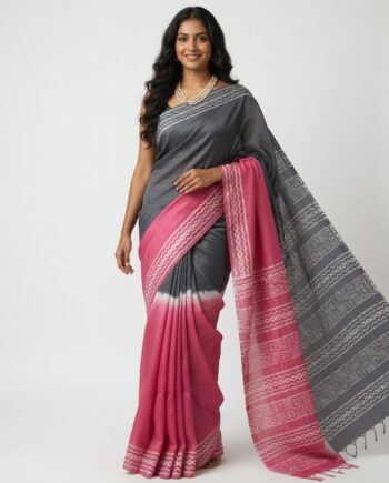 Elegant Grey and Pink Mom Batik Saree with Traditional Border Design