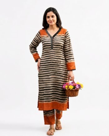 Rust Orange and Black Striped Kurti Pant Set