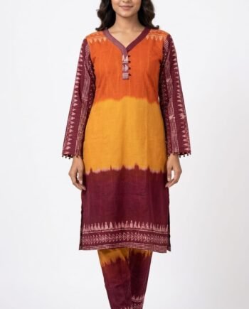 Elegant Orange Mustard and Maroon Mom Batik Kurti Pant Set for Women