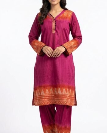 Magenta Pink Mom Batik Kurti Pant Set with Orange Border Detail