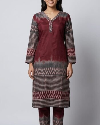 Maroon & Charcoal Mom Batik Kurti Pant Set for Women
