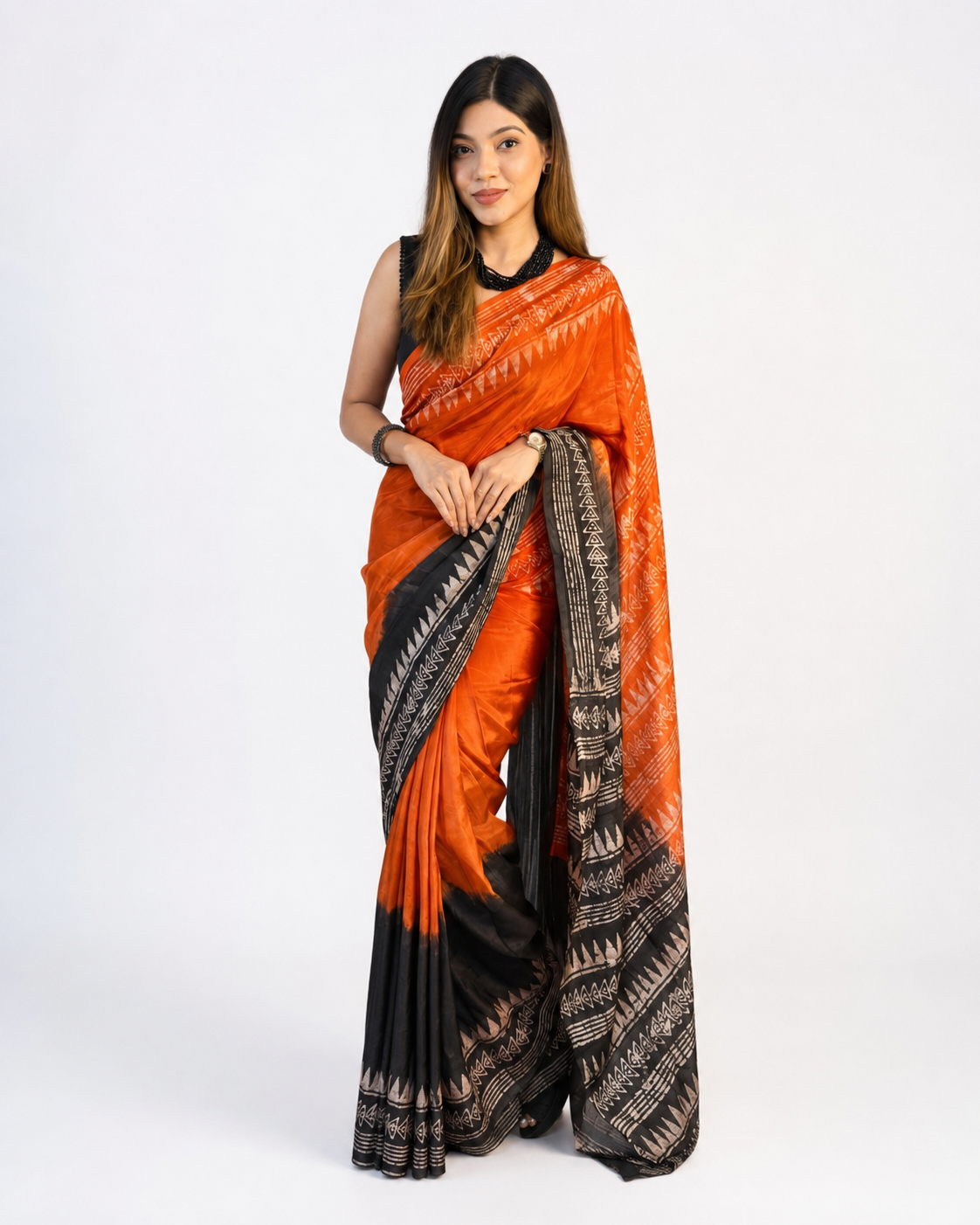 Elegant Orange and Black Mom Batik Saree with Matching Blouse