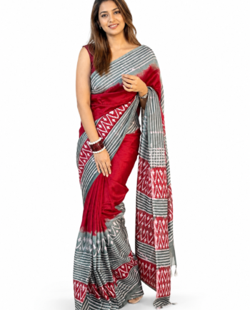 Stylish Red and Grey Mom Batik Saree silk with Matching Blouse