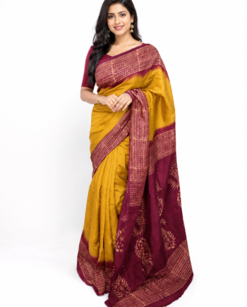 Elegant Mustard Yellow and Maroon Mom Batik Saree with Matching Blouse