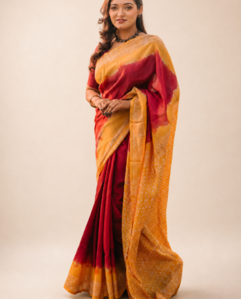 Elegant Red and Mustard Yellow Mom Batik Saree Studio Portrait