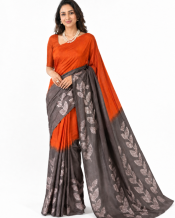 Elegant Orange and Charcoal Grey Leaf Mom Batik Saree with Matching Blouse