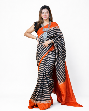 Orange and Black Striped Designer Saree with Contrast Border