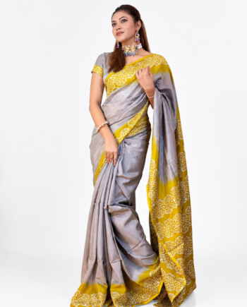 Grey and Mustard Yellow Designer Saree with White Mom Batik Border Silk