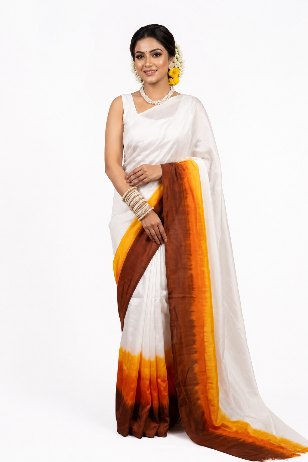 White Saree with Brown and Mustard Tie-Dye Border