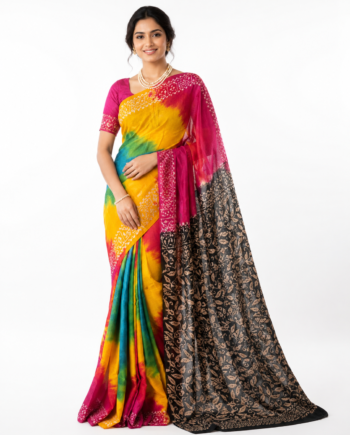 Multicolor Tie-Dye Designer Saree with Black Floral Mom Batik Pallu