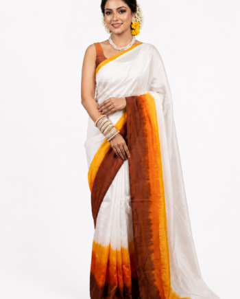 White Saree with Brown and Mustard Tie-Dye Border