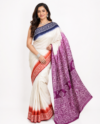 Ivory Designer Saree with Red Border and Purple Mom Batik Pallu