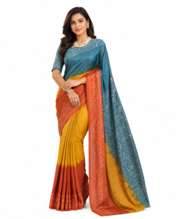 Teal Blue, Mustard Yellow and Rust Orange Designer Saree Mom Batik