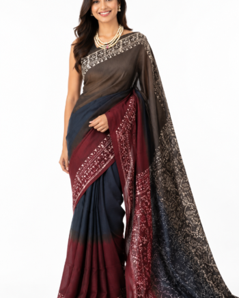Black, Navy Blue and Maroon Designer Saree with Mom Batik Pallu