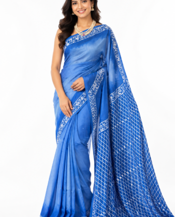 Royal Blue Designer Saree with White Mom Batik Border and Pallu