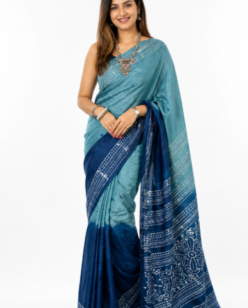 Teal and Navy Blue Designer Saree with White Mom Batik Border