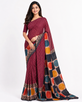 Maroon Polka Dot Designer Saree with Multicolor Geometric Pallu