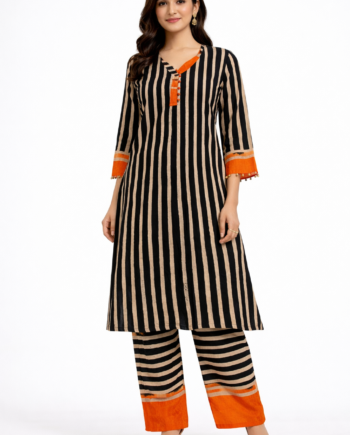 Black Striped Kurti Set with Orange